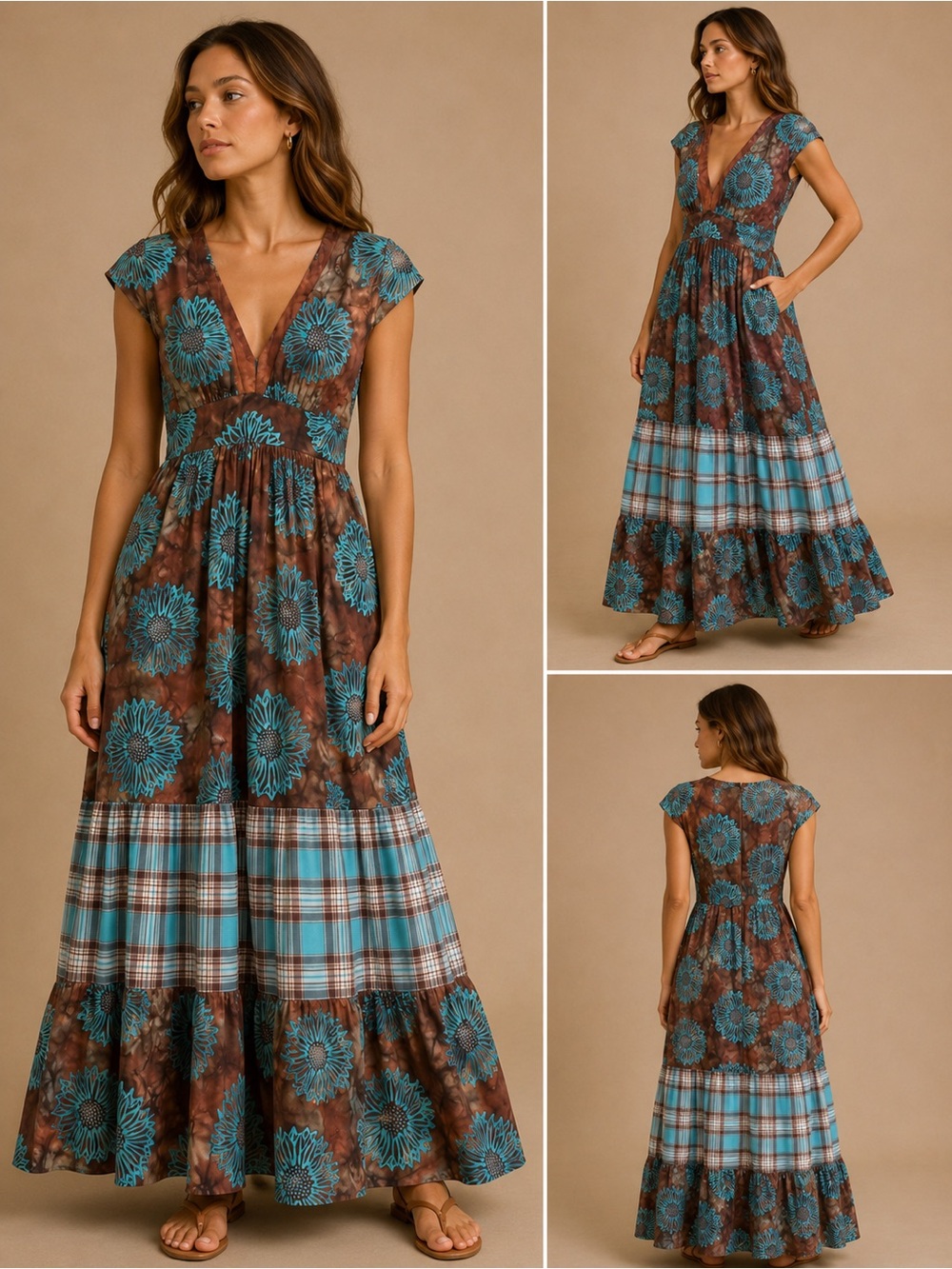 Handmade Floral Plaid Empire Waist V Neck Maxi Dress Brown Blue Size Large